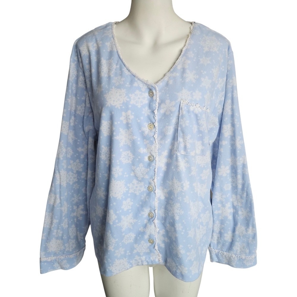 Eileen West Blue Snowflake Button Up Sleep Top Sz Large